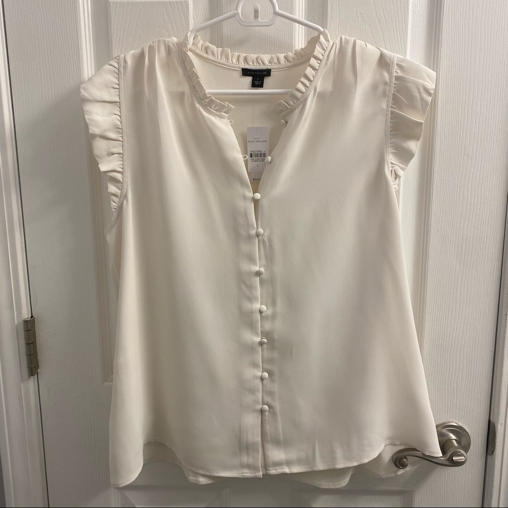 Anne Taylor Winter White Button Up Mixed Media Blouse (size large)